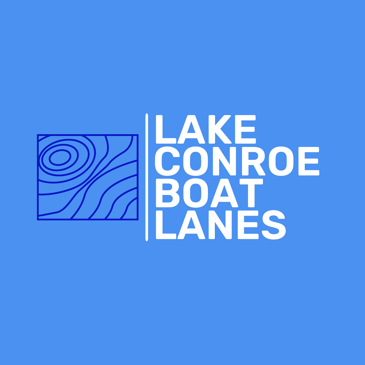 Light blue background with darker blue fishing map cards logo with whit text saying Lake Conroe Boat Lanes.