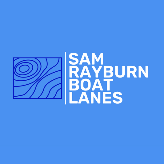 Light blue background with darker blue Fishing Map Cards icon with white text saying "Sam Rayburn Boat Lanes". 